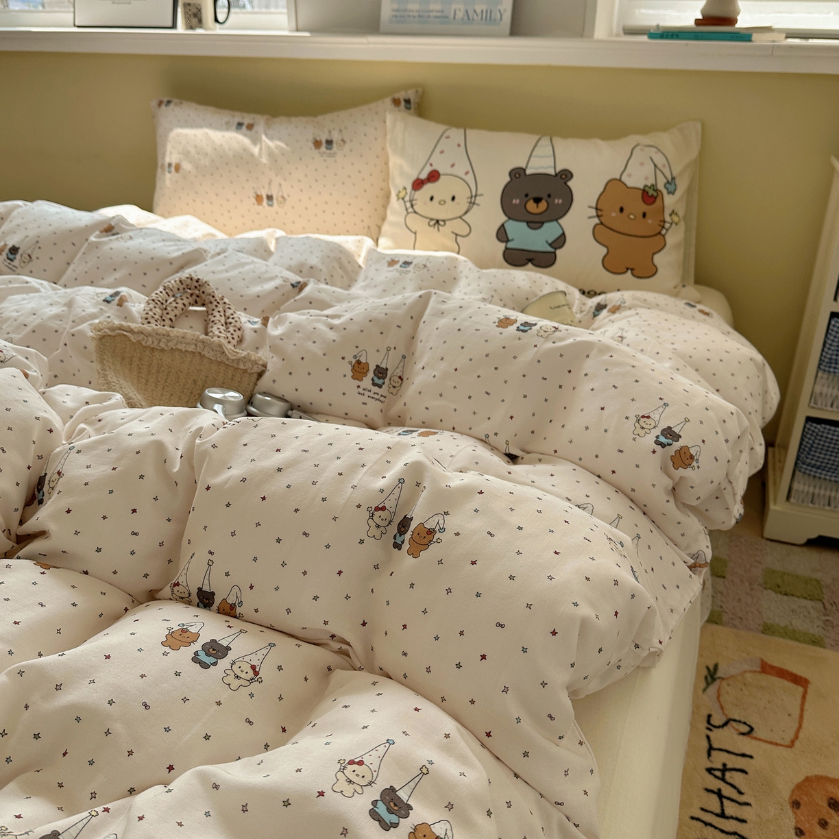 91家纺网 家纺一手货源 找家纺 耀悦家纺 2026新款双层纱全棉四件套大版枕套混搭款博主ins风格款纯棉四件套 圣旦星星喵