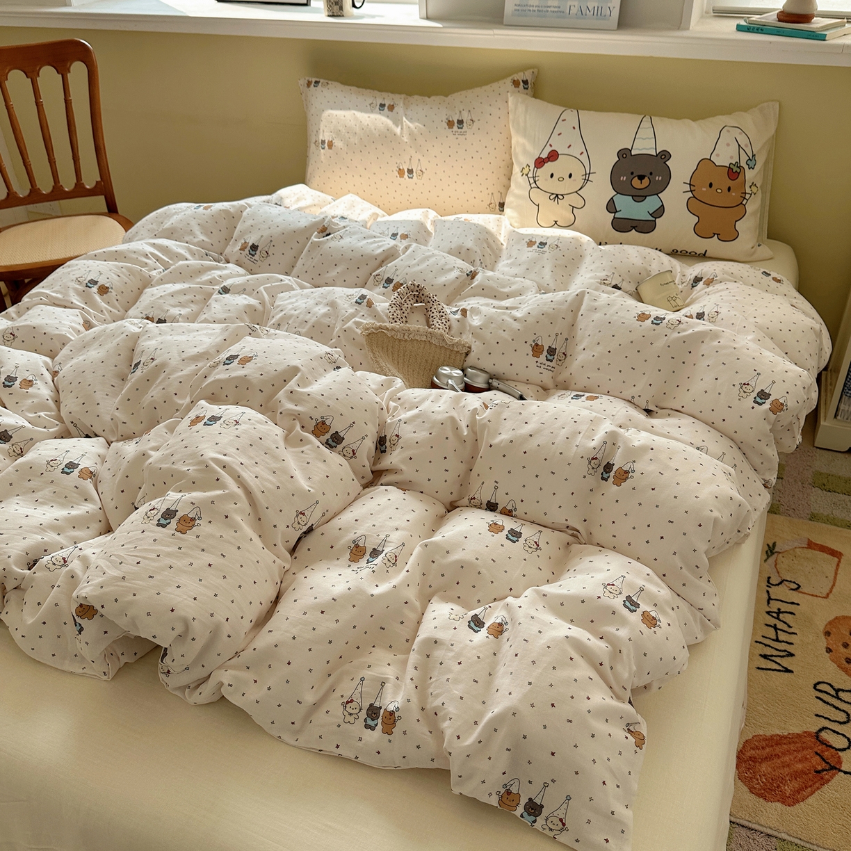 91家纺网 家纺一手货源 找家纺 耀悦家纺 2026新款双层纱全棉四件套大版枕套混搭款博主ins风格款纯棉四件套 圣旦星星喵