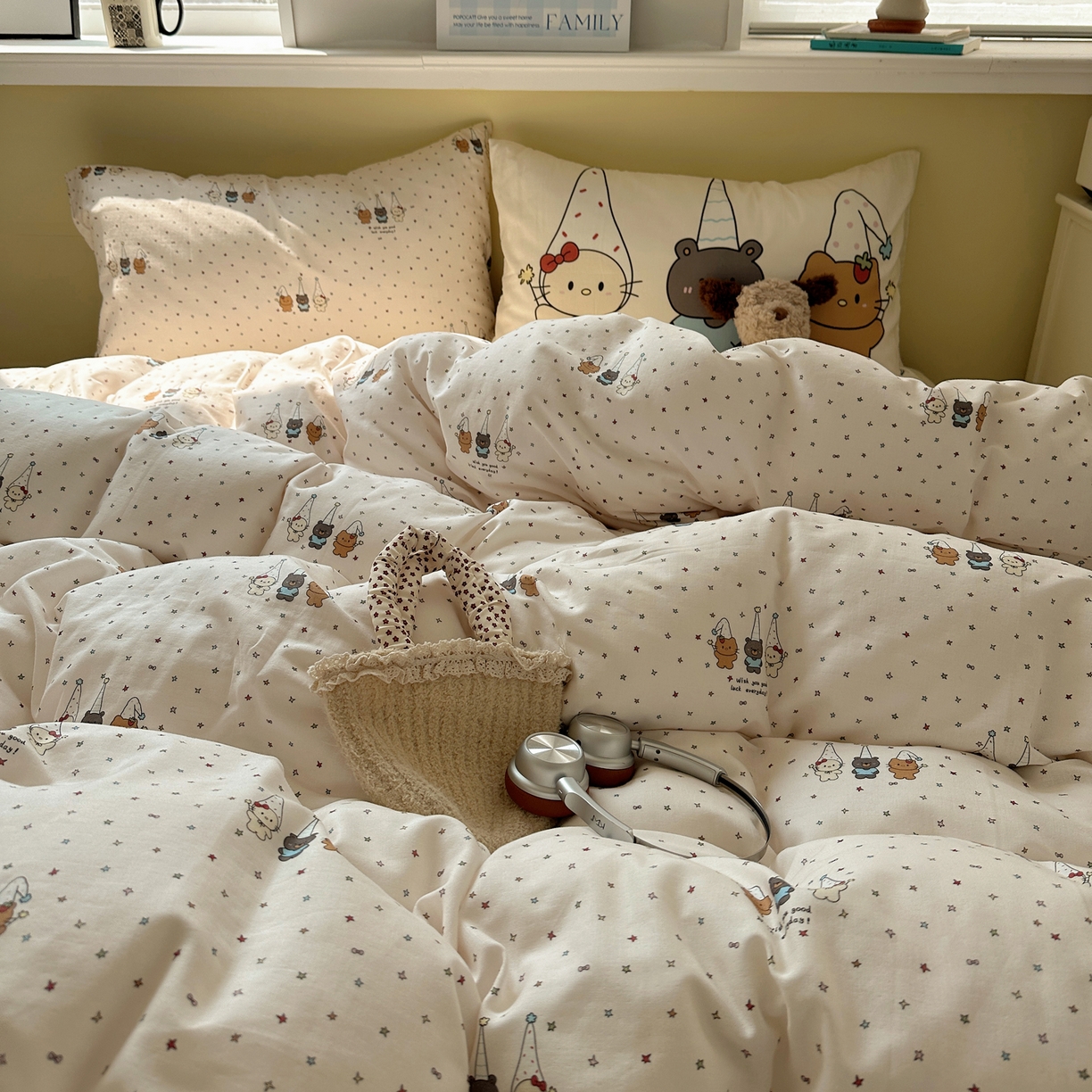 91家纺网 家纺一手货源 找家纺 耀悦家纺 2026新款双层纱全棉四件套大版枕套混搭款博主ins风格款纯棉四件套 圣旦星星喵