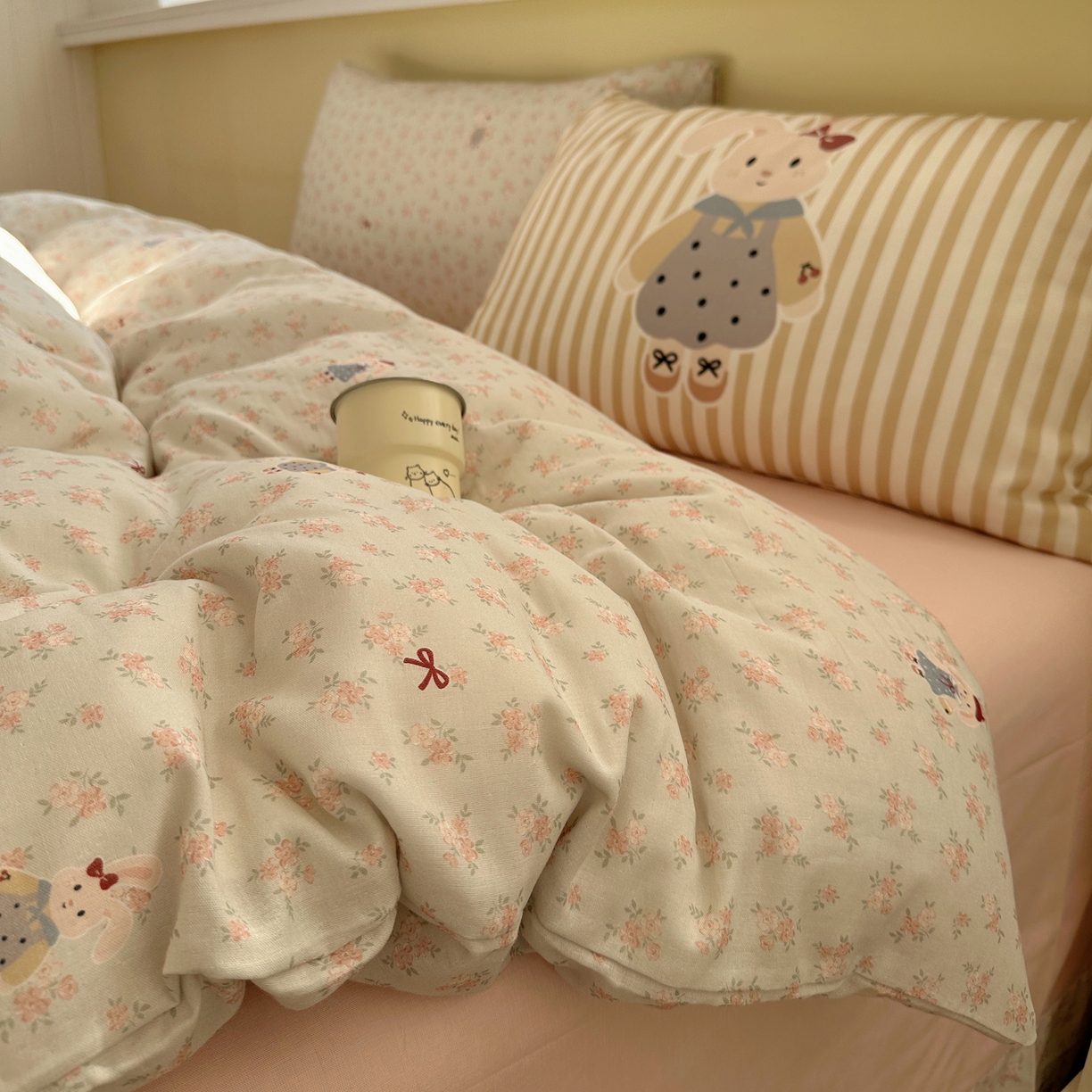 耀悦家纺 2026新款双层纱全棉四件套大版枕套混搭款博主ins风格款纯棉四件套 碎花格兰兔