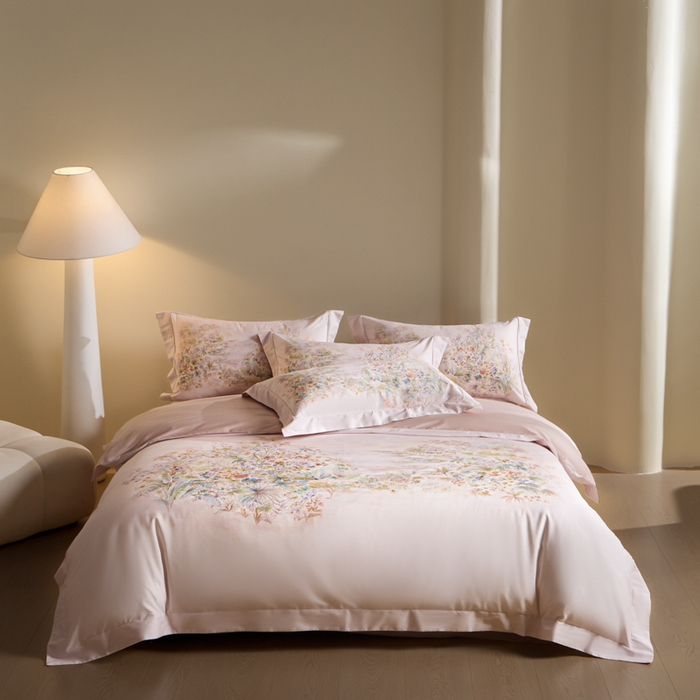 U品汇 2026新品纯棉全棉平网大版数码印花四件套高端60支长绒棉贡缎埋绳宽边系列 浅芜（粉）