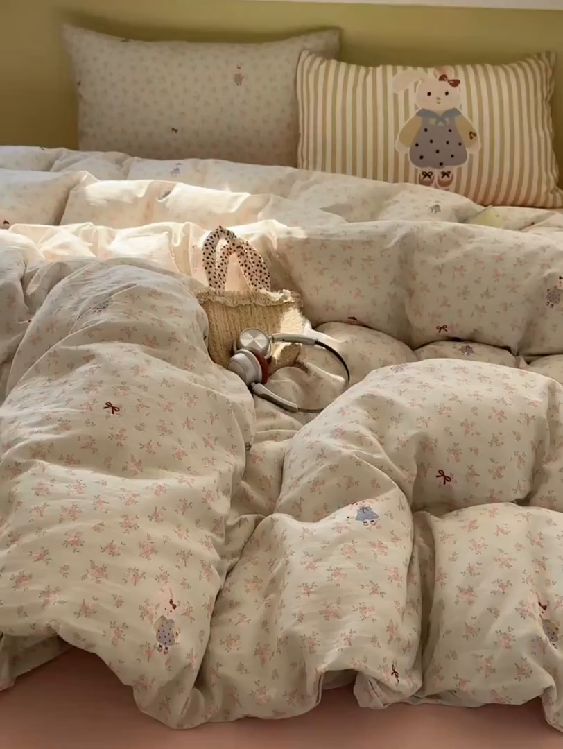 91家纺网 家纺一手货源 找家纺 耀悦家纺 2026新款双层纱全棉四件套大版枕套混搭款博主ins风格款纯棉四件套 碎花格兰兔