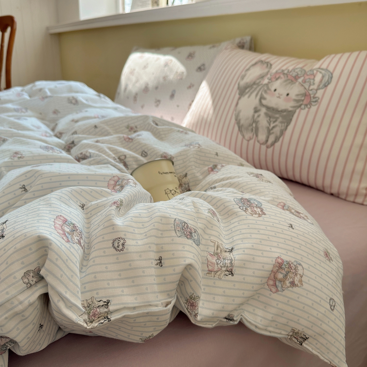 耀悦家纺 2026新款双层纱全棉四件套大版枕套混搭款博主ins风格款纯棉四件套 优雅布偶猫