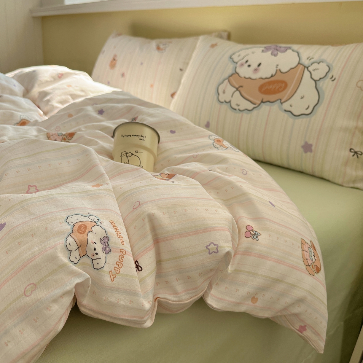 耀悦家纺 2026新款双层纱全棉四件套大版枕套混搭款博主ins风格款纯棉四件套 cherry小奶狗