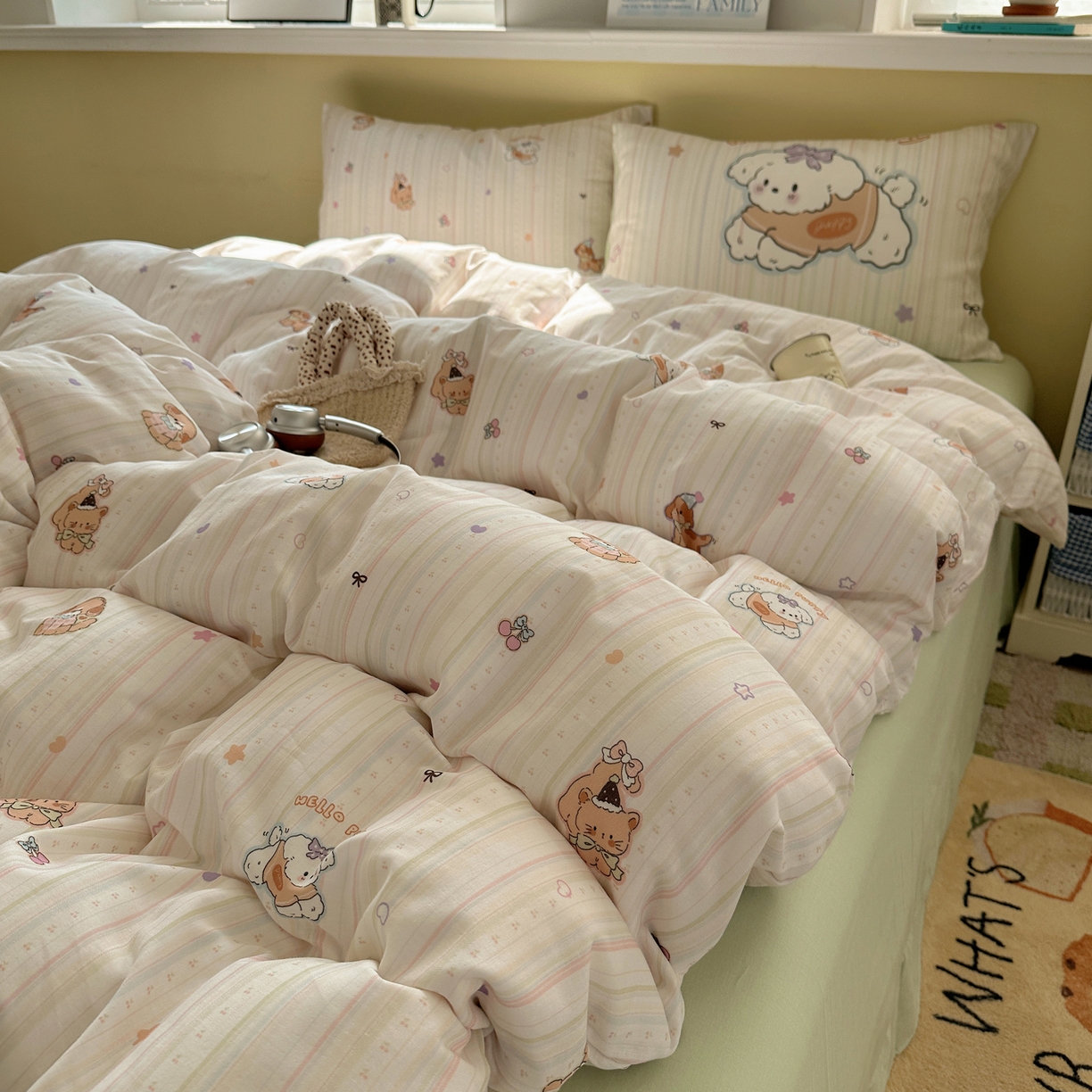 91家纺网 家纺一手货源 找家纺 耀悦家纺 2026新款双层纱全棉四件套大版枕套混搭款博主ins风格款纯棉四件套 cherry小奶狗