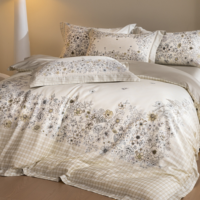 91家纺网 家纺一手货源 找家纺 U品汇 2026新品纯棉全棉平网大版数码印花四件套高端60支长绒棉贡缎埋绳宽边系列 素绘春野（香槟）