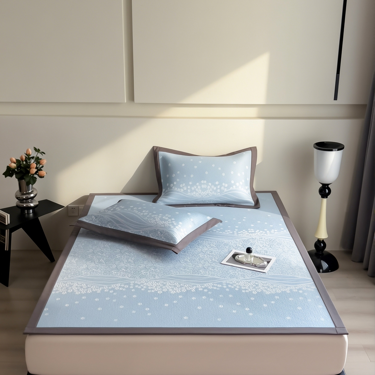 91家纺网 家纺一手货源 找家纺 孩子王家纺 2026春夏新款PE乙纶学生宿舍高克重凉感值过0.21冰豆豆席凉感席子凉席席子 花园星雾蓝 床单款