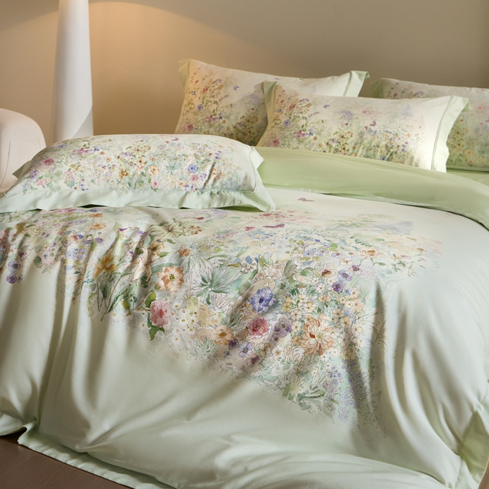 91家纺网 家纺一手货源 找家纺 U品汇 2026新品纯棉全棉平网大版数码印花四件套高端60支长绒棉贡缎埋绳宽边系列 雾花蝶影（绿）