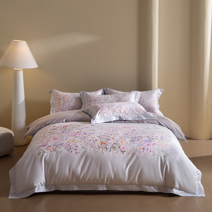 U品汇 2026新品纯棉全棉平网大版数码印花四件套高端60支长绒棉贡缎埋绳宽边系列 雾花蝶影（紫）