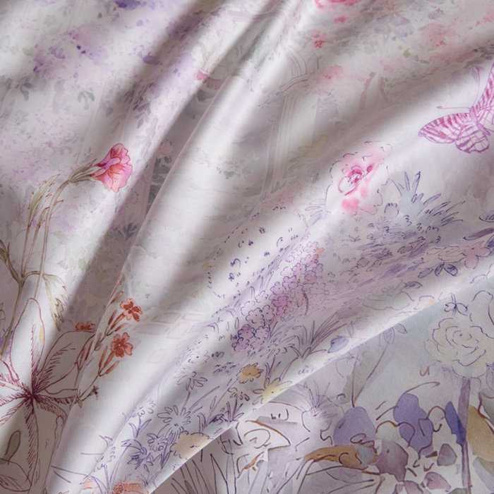 91家纺网 家纺一手货源 找家纺 U品汇 2026新品纯棉全棉平网大版数码印花四件套高端60支长绒棉贡缎埋绳宽边系列 雾花蝶影（紫）