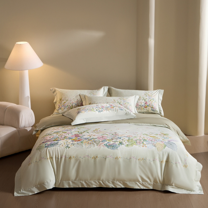 U品汇 2026新品纯棉全棉平网大版数码印花四件套高端60支长绒棉贡缎埋绳宽边系列 芷柔（绿）