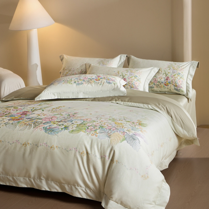 91家纺网 家纺一手货源 找家纺 U品汇 2026新品纯棉全棉平网大版数码印花四件套高端60支长绒棉贡缎埋绳宽边系列 芷柔（绿）