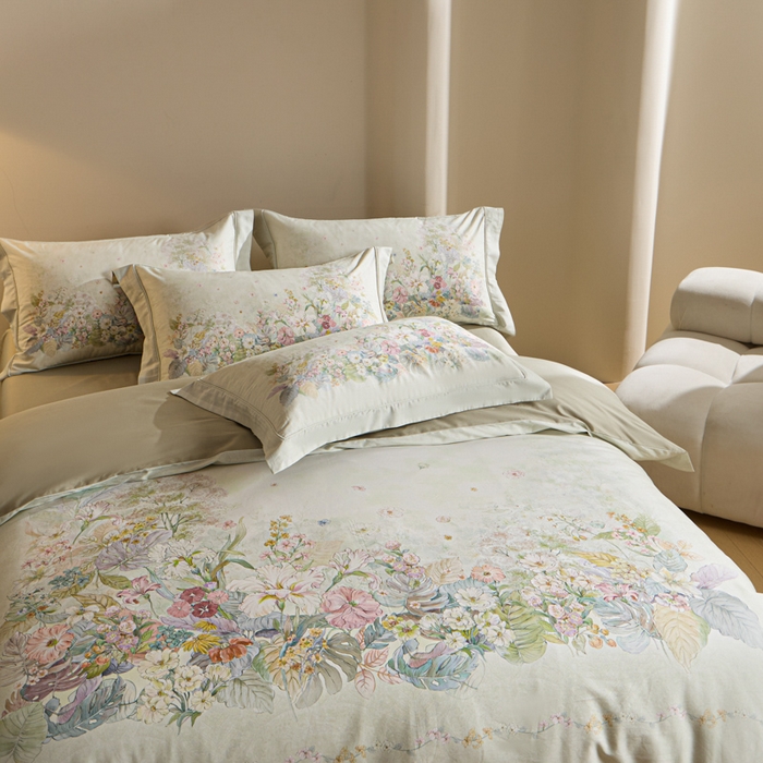 91家纺网 家纺一手货源 找家纺 U品汇 2026新品纯棉全棉平网大版数码印花四件套高端60支长绒棉贡缎埋绳宽边系列 芷柔（绿）