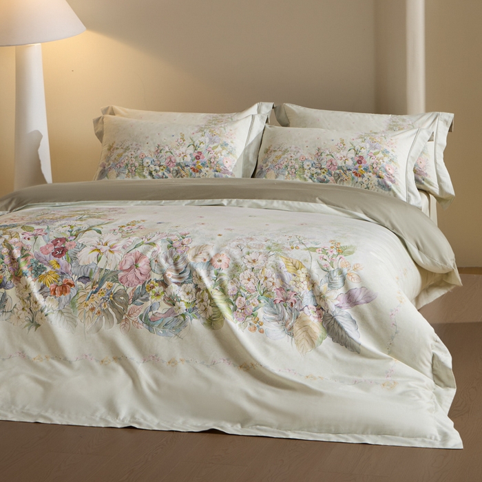 91家纺网 家纺一手货源 找家纺 U品汇 2026新品纯棉全棉平网大版数码印花四件套高端60支长绒棉贡缎埋绳宽边系列 芷柔（绿）