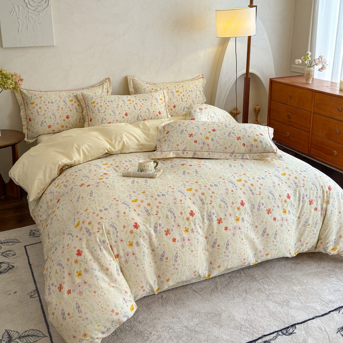 91家纺网 家纺一手货源 找家纺 U品汇 2026新款全棉纯棉麻数码印花四件套亚麻复古夏季床上用品（70%棉30%亚麻） 春意盎然