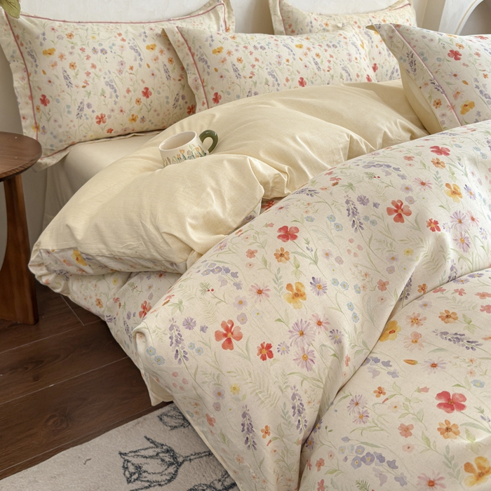 91家纺网 家纺一手货源 找家纺 U品汇 2026新款全棉纯棉麻数码印花四件套亚麻复古夏季床上用品（70%棉30%亚麻） 春意盎然