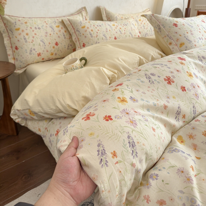 91家纺网 家纺一手货源 找家纺 U品汇 2026新款全棉纯棉麻数码印花四件套亚麻复古夏季床上用品（70%棉30%亚麻） 春意盎然