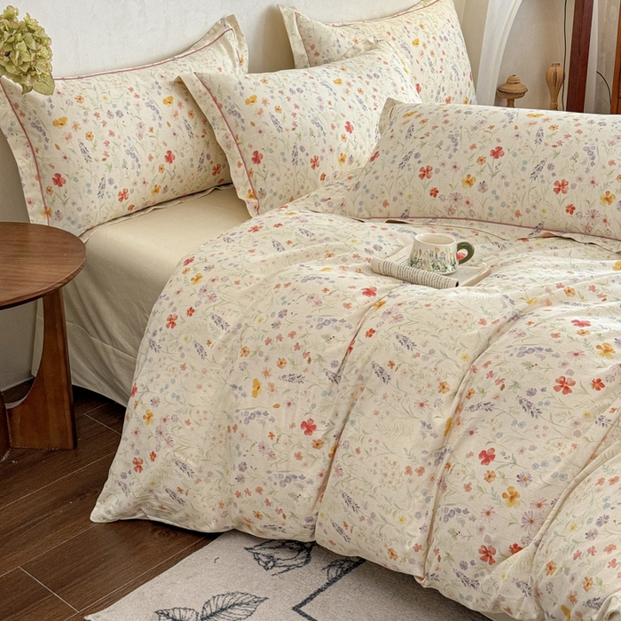 91家纺网 家纺一手货源 找家纺 U品汇 2026新款全棉纯棉麻数码印花四件套亚麻复古夏季床上用品（70%棉30%亚麻） 春意盎然