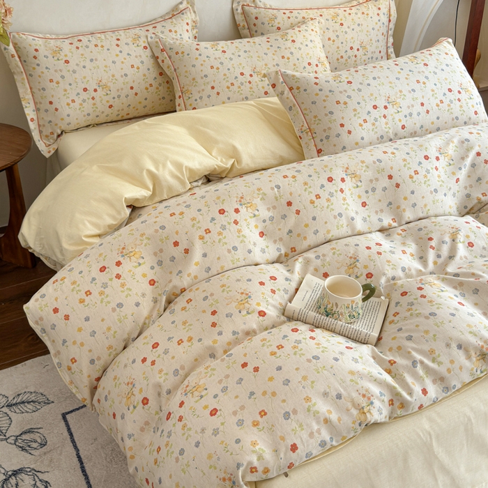 91家纺网 家纺一手货源 找家纺 U品汇 2026新款全棉纯棉麻数码印花四件套亚麻复古夏季床上用品（70%棉30%亚麻） 采花小兔