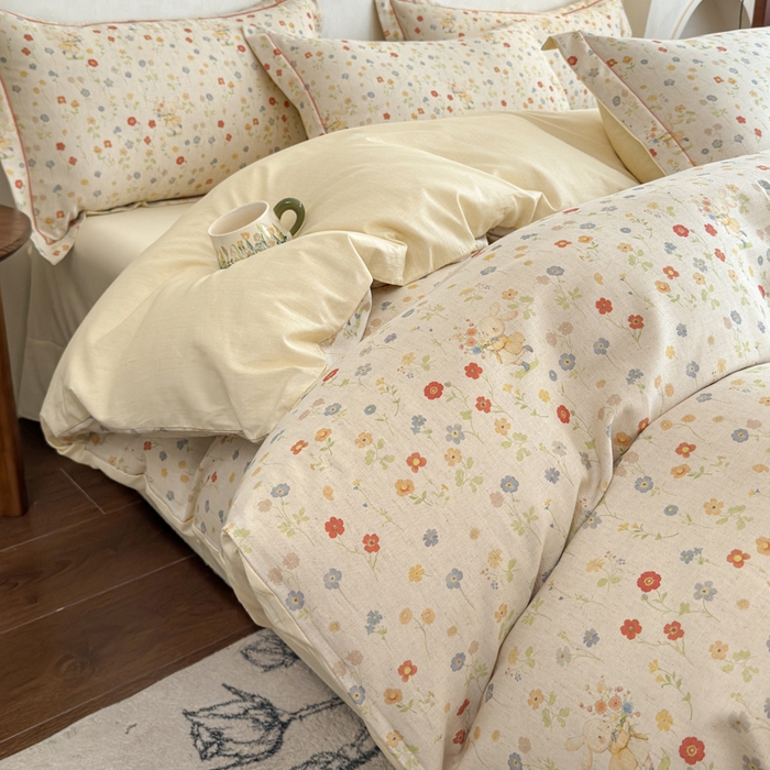 91家纺网 家纺一手货源 找家纺 U品汇 2026新款全棉纯棉麻数码印花四件套亚麻复古夏季床上用品（70%棉30%亚麻） 采花小兔