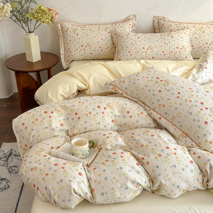 91家纺网 家纺一手货源 找家纺 U品汇 2026新款全棉纯棉麻数码印花四件套亚麻复古夏季床上用品（70%棉30%亚麻） 采花小兔