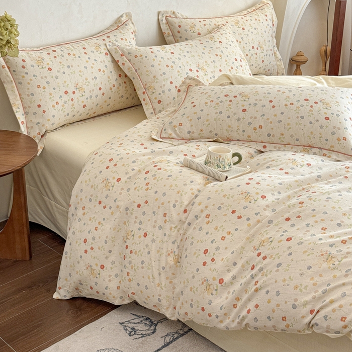 91家纺网 家纺一手货源 找家纺 U品汇 2026新款全棉纯棉麻数码印花四件套亚麻复古夏季床上用品（70%棉30%亚麻） 采花小兔