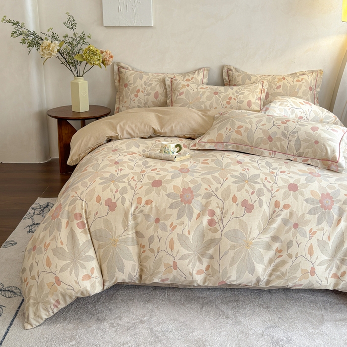 91家纺网 家纺一手货源 找家纺 U品汇 2026新款全棉纯棉麻数码印花四件套亚麻复古夏季床上用品（70%棉30%亚麻） 花漾