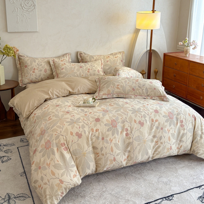 91家纺网 家纺一手货源 找家纺 U品汇 2026新款全棉纯棉麻数码印花四件套亚麻复古夏季床上用品（70%棉30%亚麻） 花漾