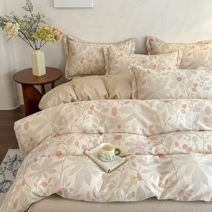 91家纺网 家纺一手货源 找家纺 U品汇 2026新款全棉纯棉麻数码印花四件套亚麻复古夏季床上用品（70%棉30%亚麻） 花漾