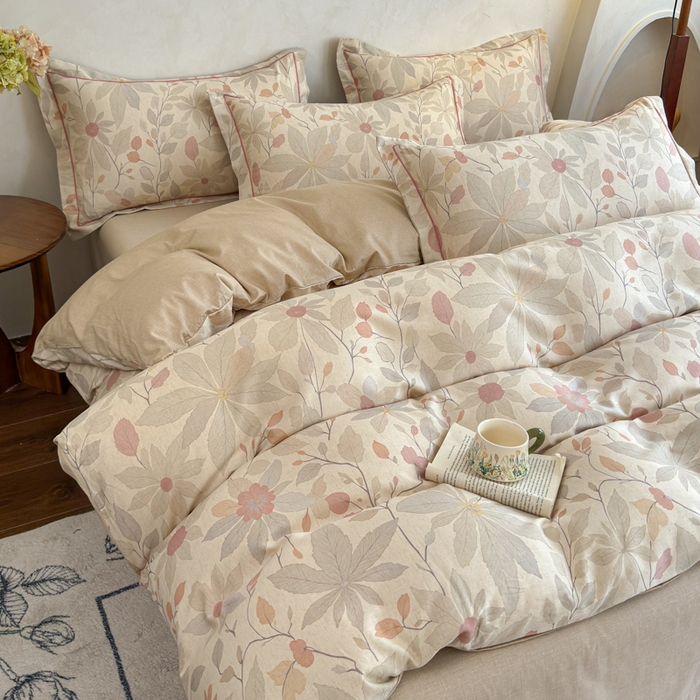 91家纺网 家纺一手货源 找家纺 U品汇 2026新款全棉纯棉麻数码印花四件套亚麻复古夏季床上用品（70%棉30%亚麻） 花漾