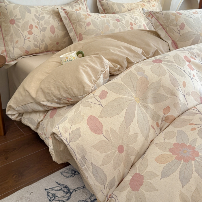 91家纺网 家纺一手货源 找家纺 U品汇 2026新款全棉纯棉麻数码印花四件套亚麻复古夏季床上用品（70%棉30%亚麻） 花漾