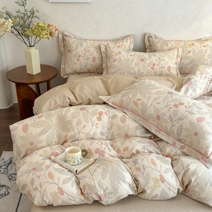 91家纺网 家纺一手货源 找家纺 U品汇 2026新款全棉纯棉麻数码印花四件套亚麻复古夏季床上用品（70%棉30%亚麻） 花漾