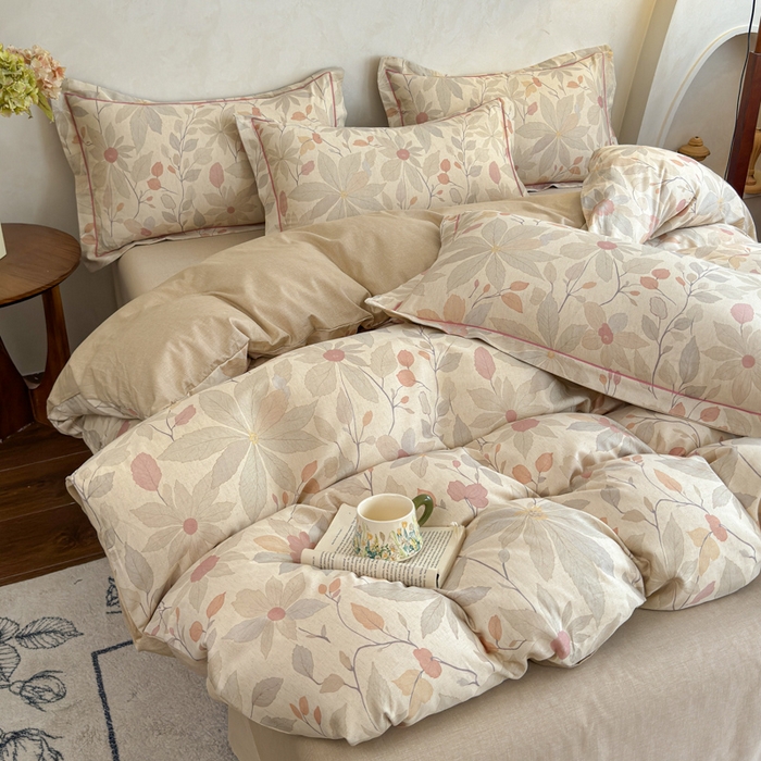 91家纺网 家纺一手货源 找家纺 U品汇 2026新款全棉纯棉麻数码印花四件套亚麻复古夏季床上用品（70%棉30%亚麻） 花漾