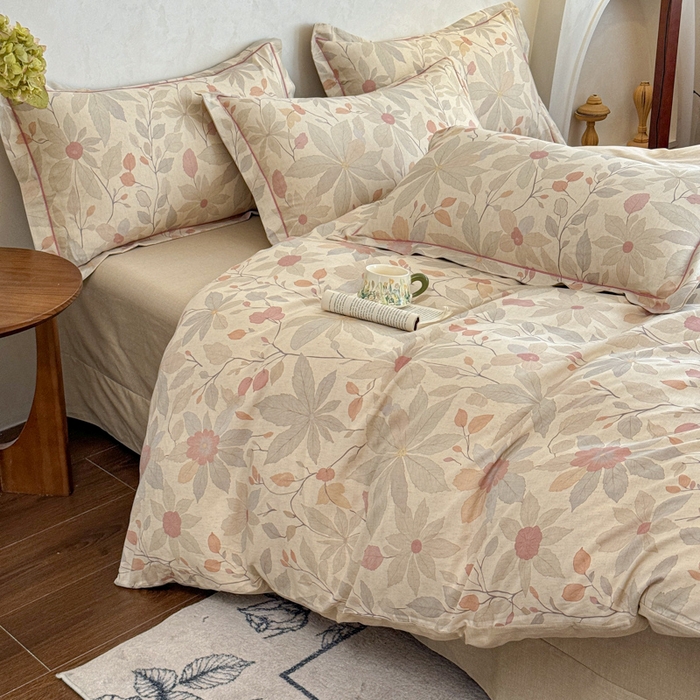 91家纺网 家纺一手货源 找家纺 U品汇 2026新款全棉纯棉麻数码印花四件套亚麻复古夏季床上用品（70%棉30%亚麻） 花漾