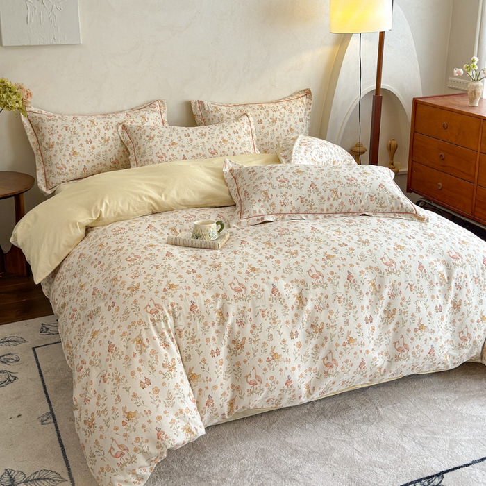 91家纺网 家纺一手货源 找家纺 U品汇 2026新款全棉纯棉麻数码印花四件套亚麻复古夏季床上用品（70%棉30%亚麻） 火烈鸟