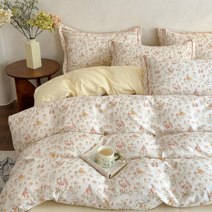 91家纺网 家纺一手货源 找家纺 U品汇 2026新款全棉纯棉麻数码印花四件套亚麻复古夏季床上用品（70%棉30%亚麻） 火烈鸟