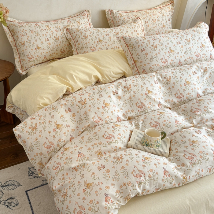 91家纺网 家纺一手货源 找家纺 U品汇 2026新款全棉纯棉麻数码印花四件套亚麻复古夏季床上用品（70%棉30%亚麻） 火烈鸟