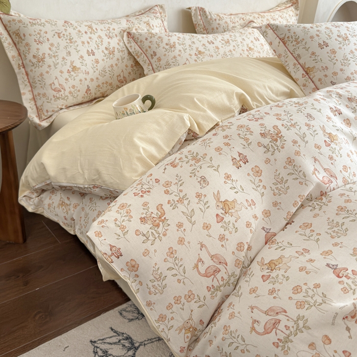 91家纺网 家纺一手货源 找家纺 U品汇 2026新款全棉纯棉麻数码印花四件套亚麻复古夏季床上用品（70%棉30%亚麻） 火烈鸟