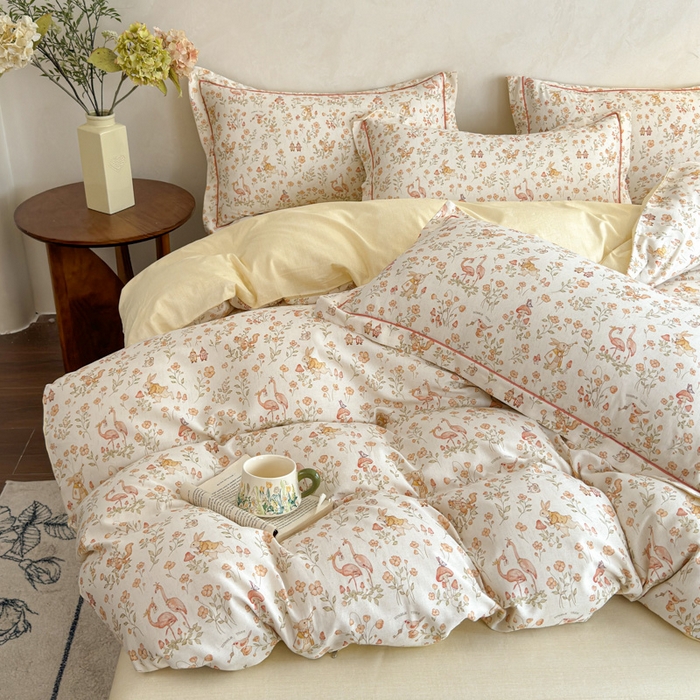 91家纺网 家纺一手货源 找家纺 U品汇 2026新款全棉纯棉麻数码印花四件套亚麻复古夏季床上用品（70%棉30%亚麻） 火烈鸟