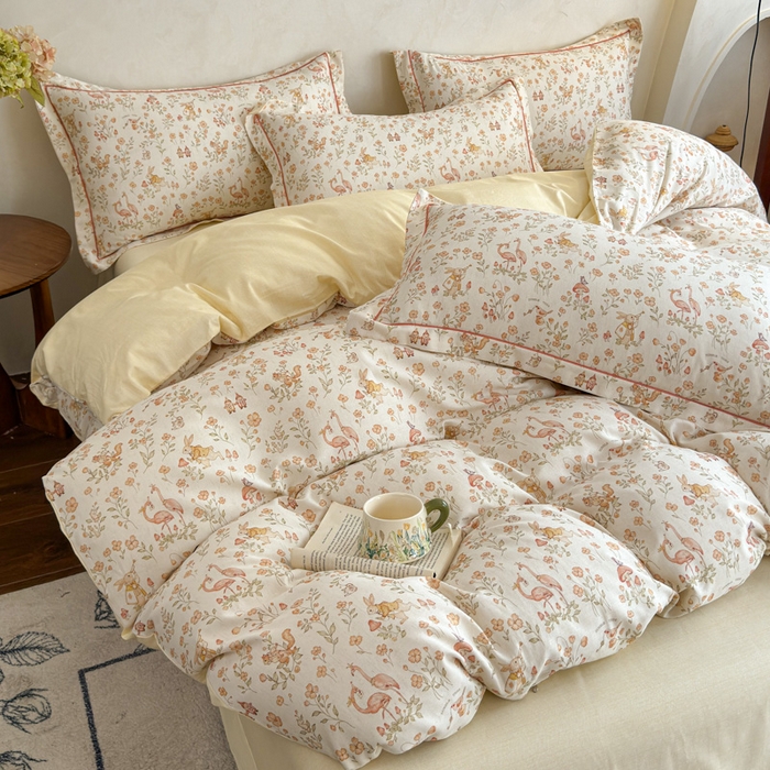 91家纺网 家纺一手货源 找家纺 U品汇 2026新款全棉纯棉麻数码印花四件套亚麻复古夏季床上用品（70%棉30%亚麻） 火烈鸟