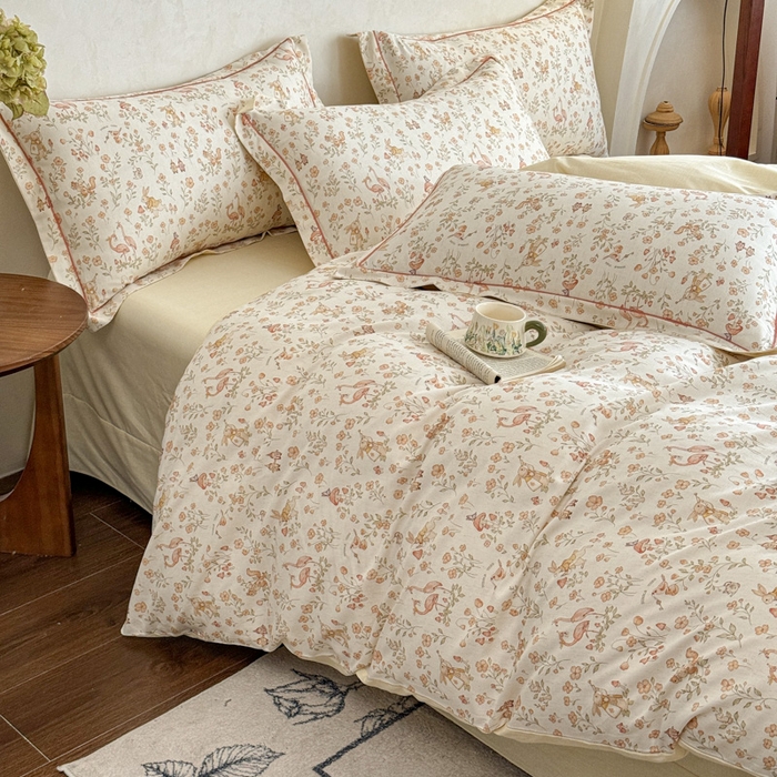 91家纺网 家纺一手货源 找家纺 U品汇 2026新款全棉纯棉麻数码印花四件套亚麻复古夏季床上用品（70%棉30%亚麻） 火烈鸟