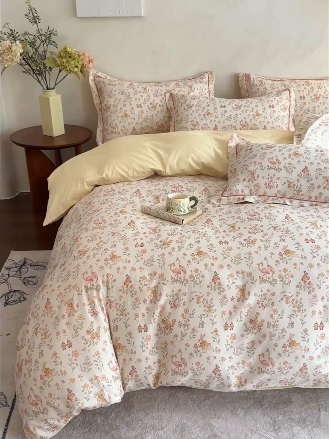 91家纺网 家纺一手货源 找家纺 U品汇 2026新款全棉纯棉麻数码印花四件套亚麻复古夏季床上用品（70%棉30%亚麻） 火烈鸟