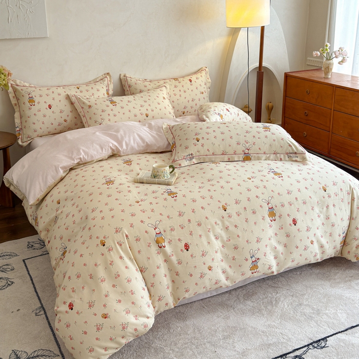 91家纺网 家纺一手货源 找家纺 U品汇 2026新款全棉纯棉麻数码印花四件套亚麻复古夏季床上用品（70%棉30%亚麻） 萌兔宝宝