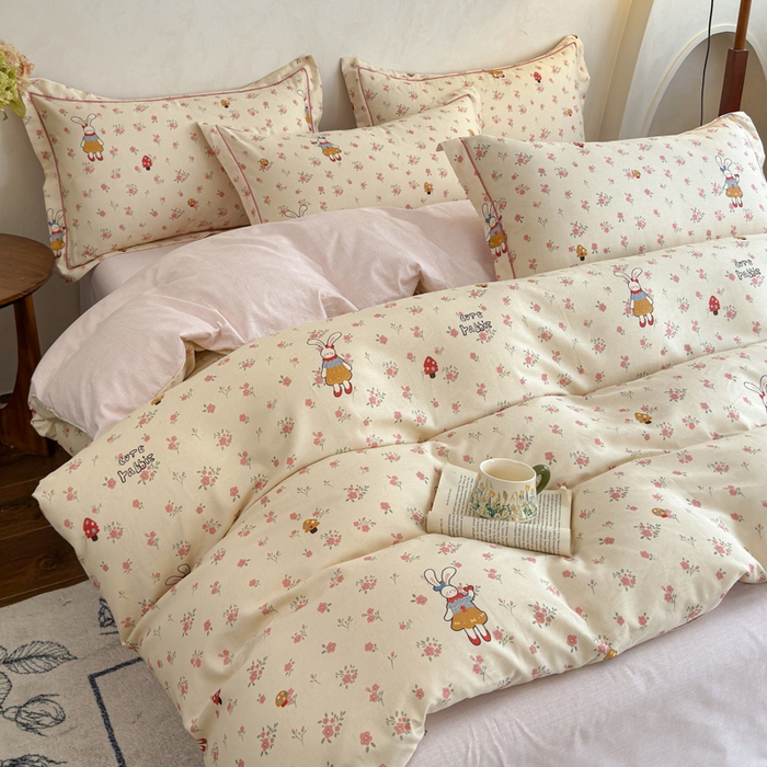 91家纺网 家纺一手货源 找家纺 U品汇 2026新款全棉纯棉麻数码印花四件套亚麻复古夏季床上用品（70%棉30%亚麻） 萌兔宝宝