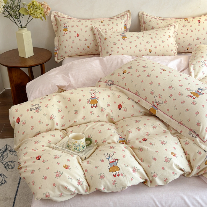 91家纺网 家纺一手货源 找家纺 U品汇 2026新款全棉纯棉麻数码印花四件套亚麻复古夏季床上用品（70%棉30%亚麻） 萌兔宝宝