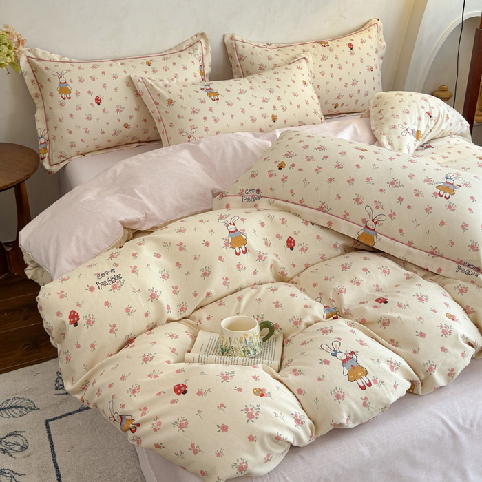 91家纺网 家纺一手货源 找家纺 U品汇 2026新款全棉纯棉麻数码印花四件套亚麻复古夏季床上用品（70%棉30%亚麻） 萌兔宝宝