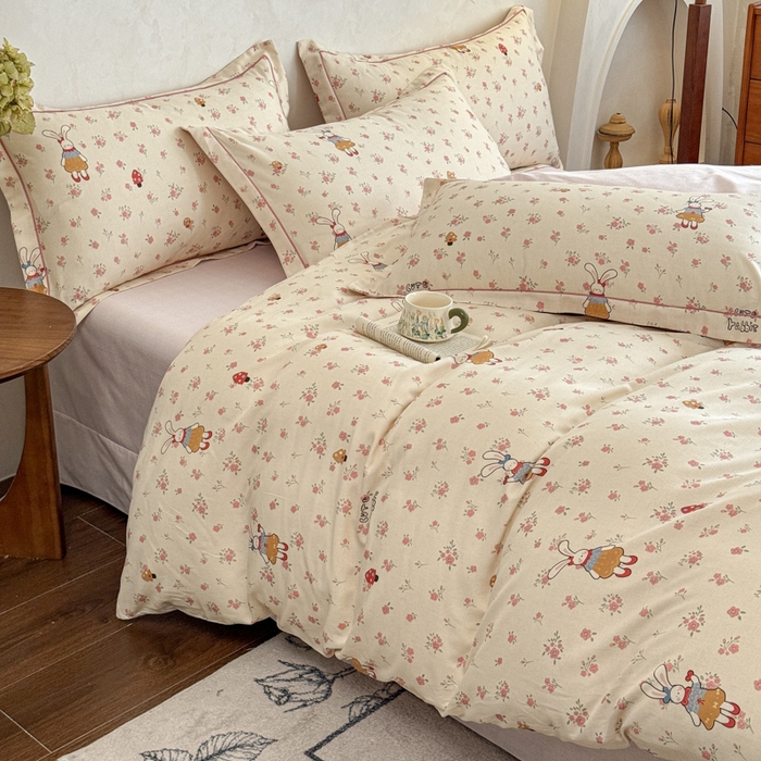 91家纺网 家纺一手货源 找家纺 U品汇 2026新款全棉纯棉麻数码印花四件套亚麻复古夏季床上用品（70%棉30%亚麻） 萌兔宝宝