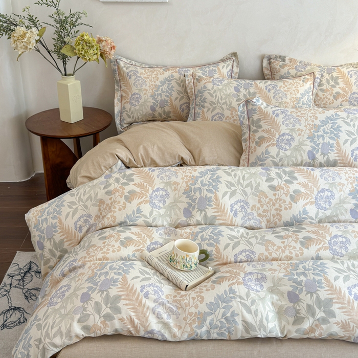 91家纺网 家纺一手货源 找家纺 U品汇 2026新款全棉纯棉麻数码印花四件套亚麻复古夏季床上用品（70%棉30%亚麻） 叶之语