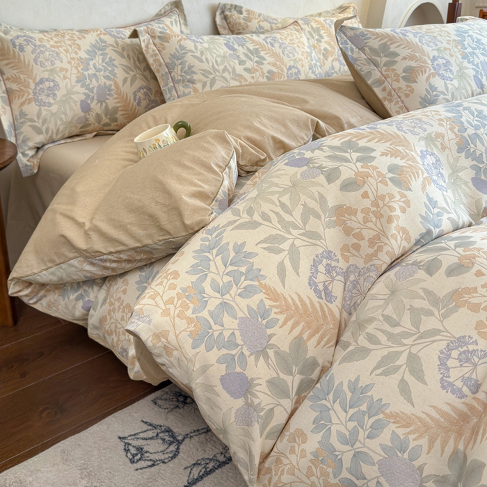 91家纺网 家纺一手货源 找家纺 U品汇 2026新款全棉纯棉麻数码印花四件套亚麻复古夏季床上用品（70%棉30%亚麻） 叶之语