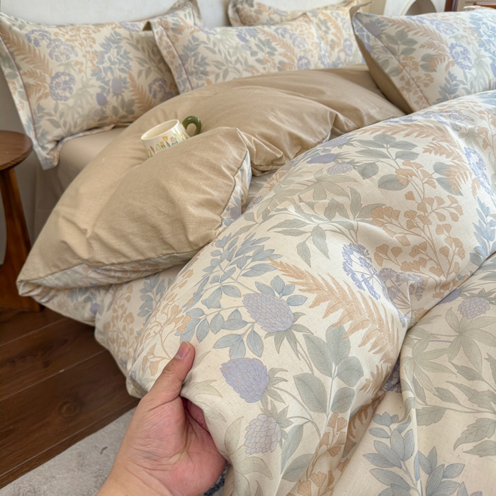 91家纺网 家纺一手货源 找家纺 U品汇 2026新款全棉纯棉麻数码印花四件套亚麻复古夏季床上用品（70%棉30%亚麻） 叶之语